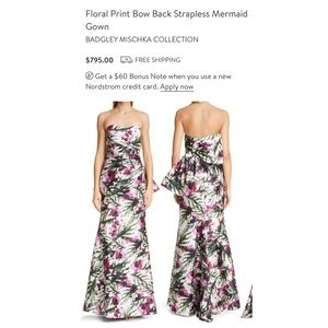 Badgley Mischka Floral Print Bow Back Mermaid Gown